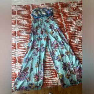 Blue silky strapless romper
